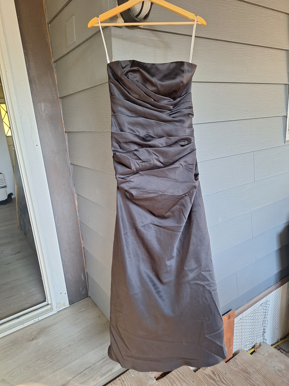 David's Bridal Black Strapless Ruched Satin Gown